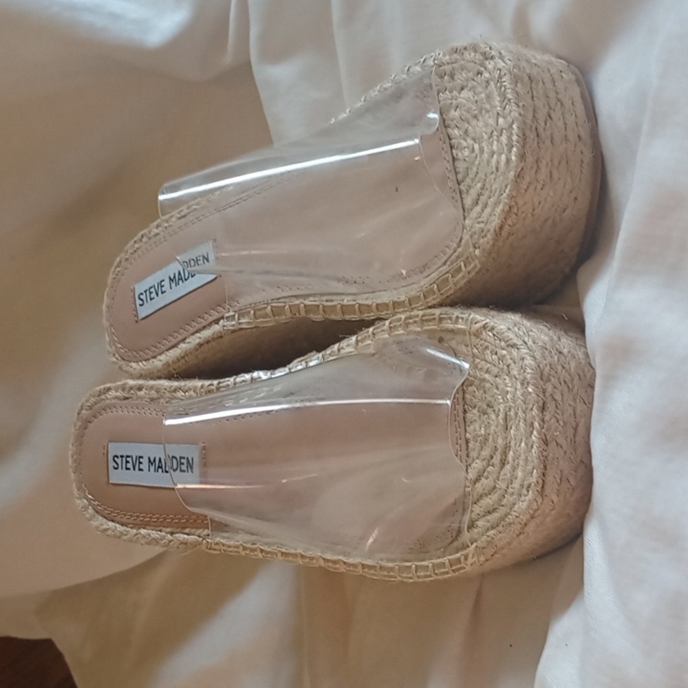 STEVE MADDEN Strap Wedge Espadrilles Sandals Tan Clear